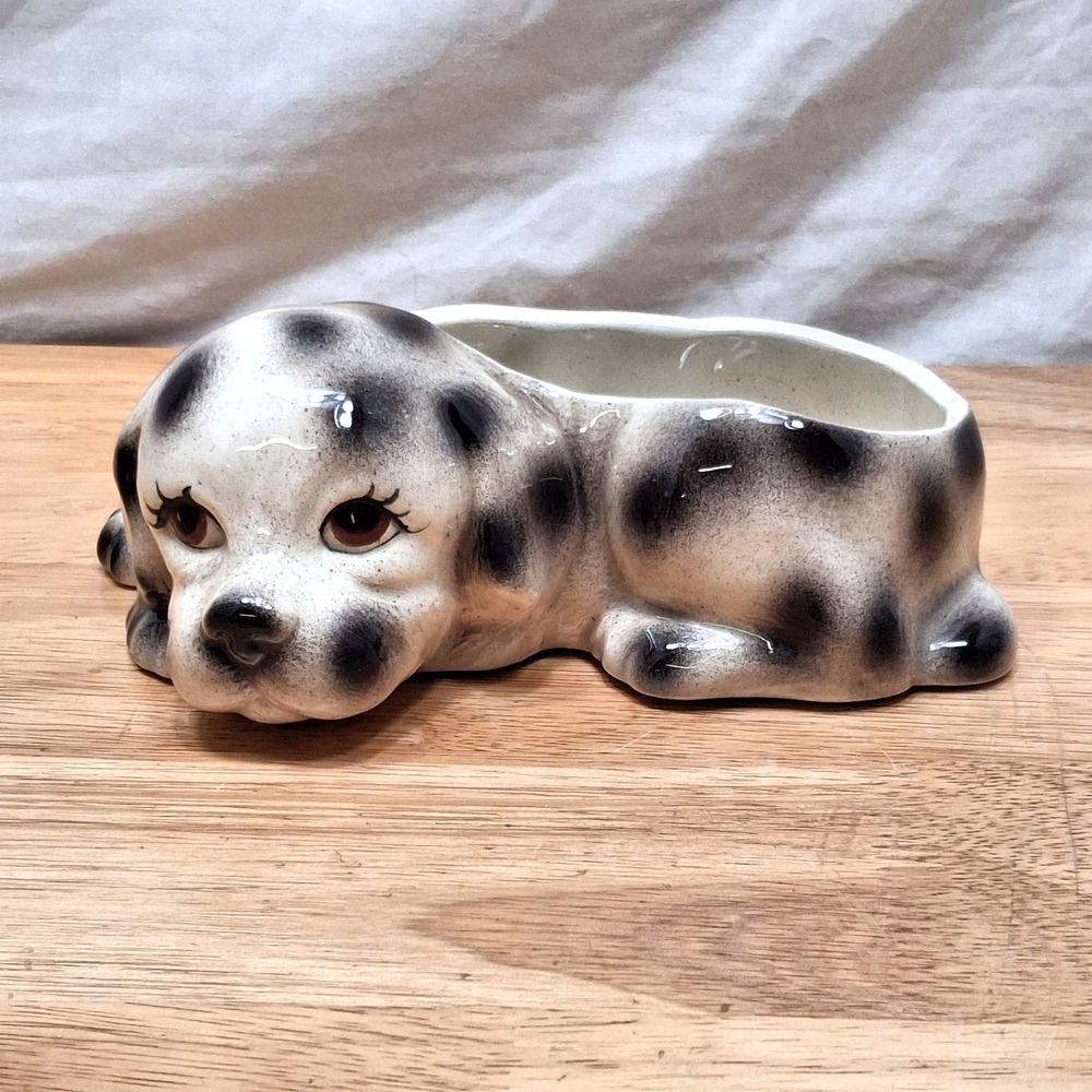 Vintage Laying Down White & Black Spotted Dog Glazed Planter No Markings